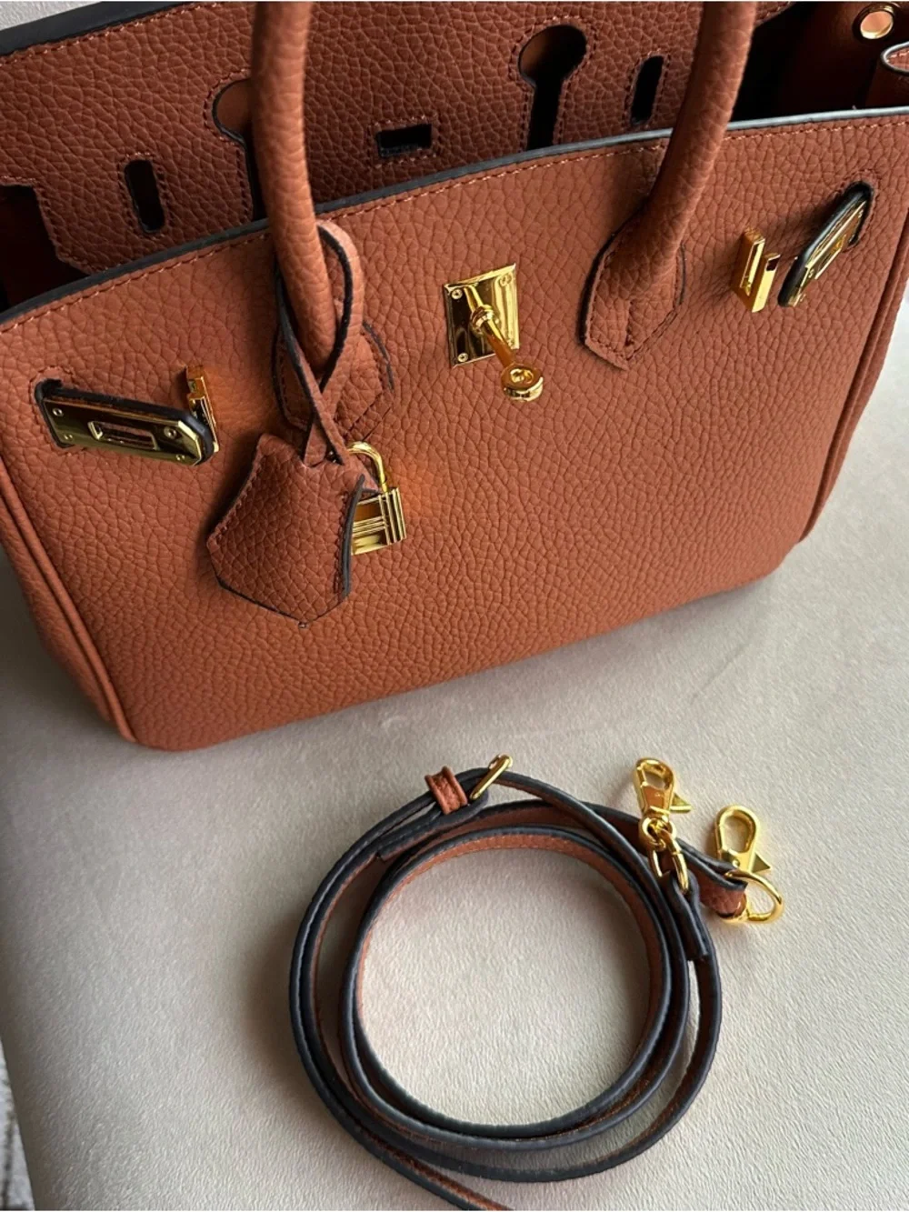 Caramel Structured Top Handle Bag | Gold Hardware | Chic Classic Style - Picture 7 of 17